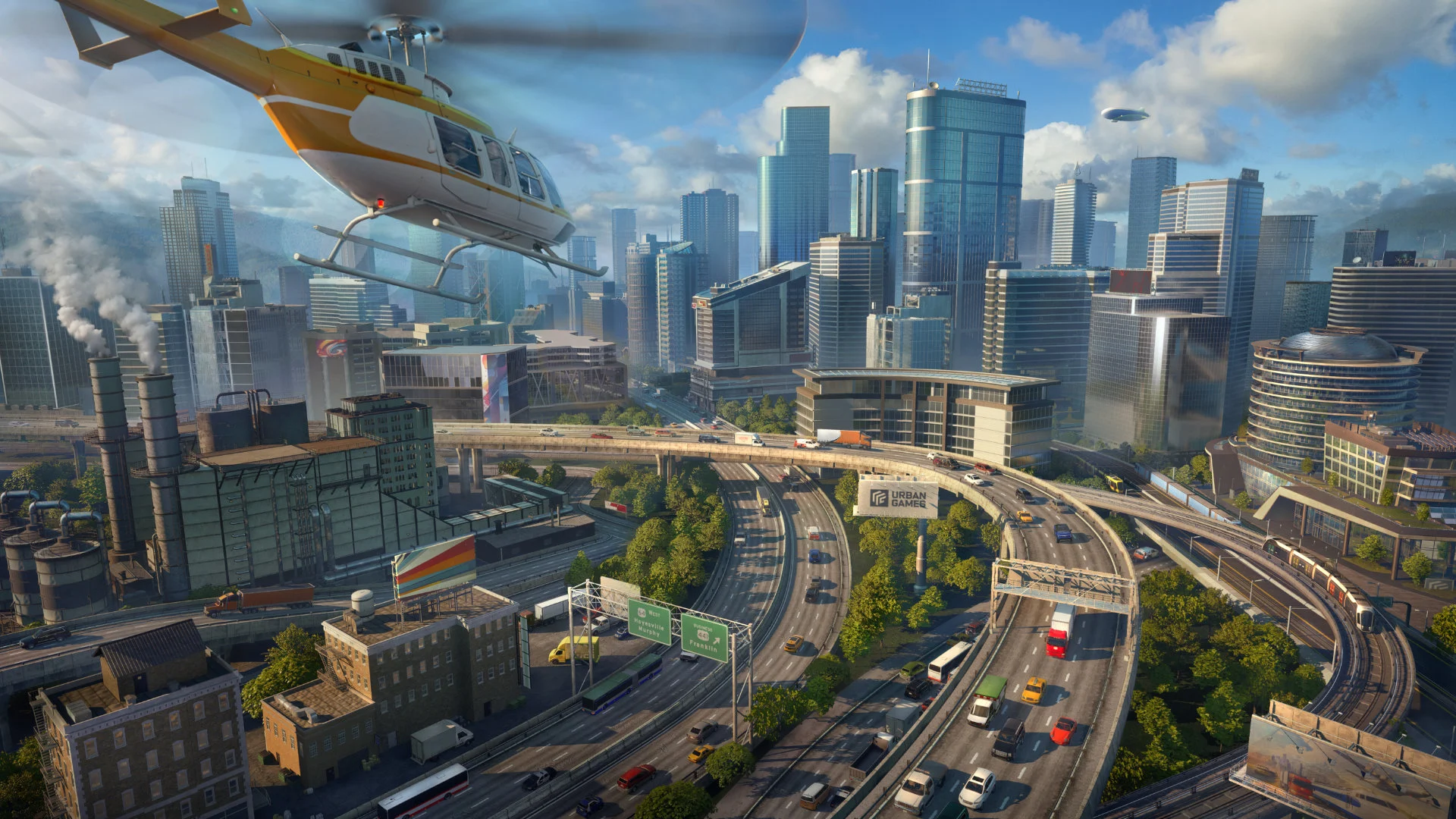 A modern Transport Fever 3 city seen from above, with roads, low-rise buildings and a helicopter over the districts.