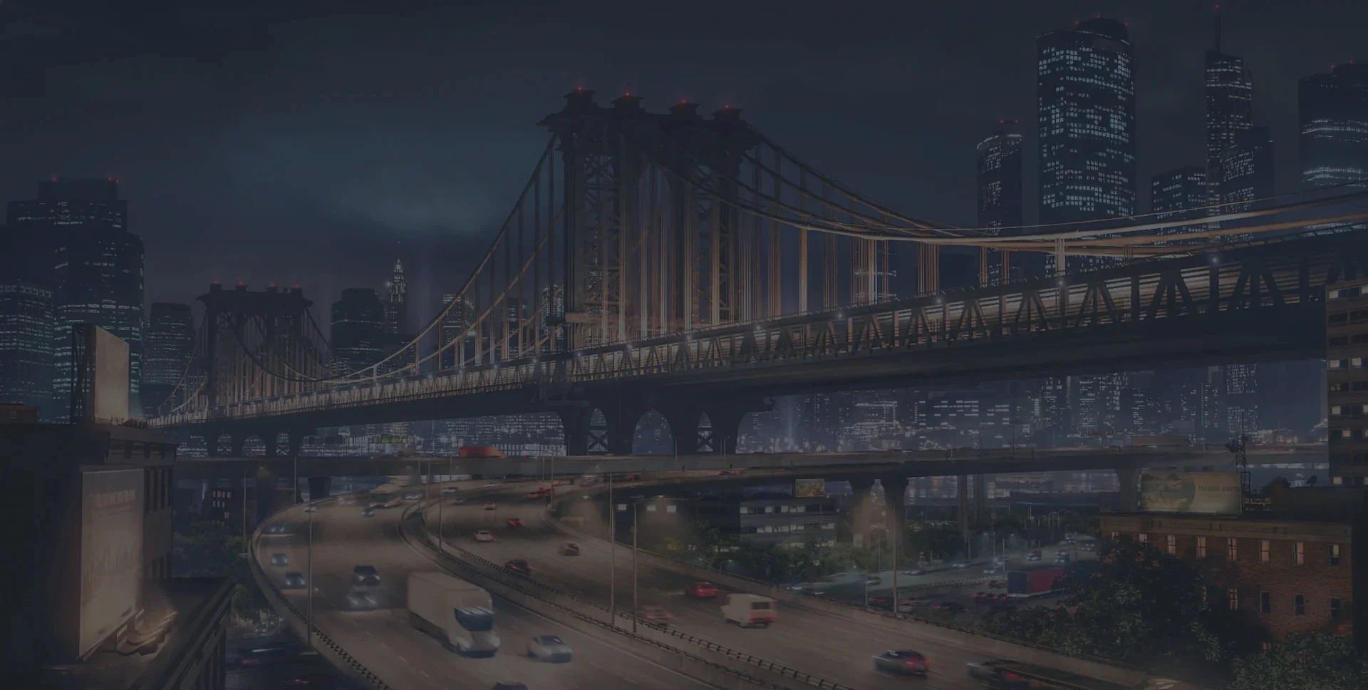 Night view of a Transport Fever 3 city with a lit bridge and a dense traffic network.