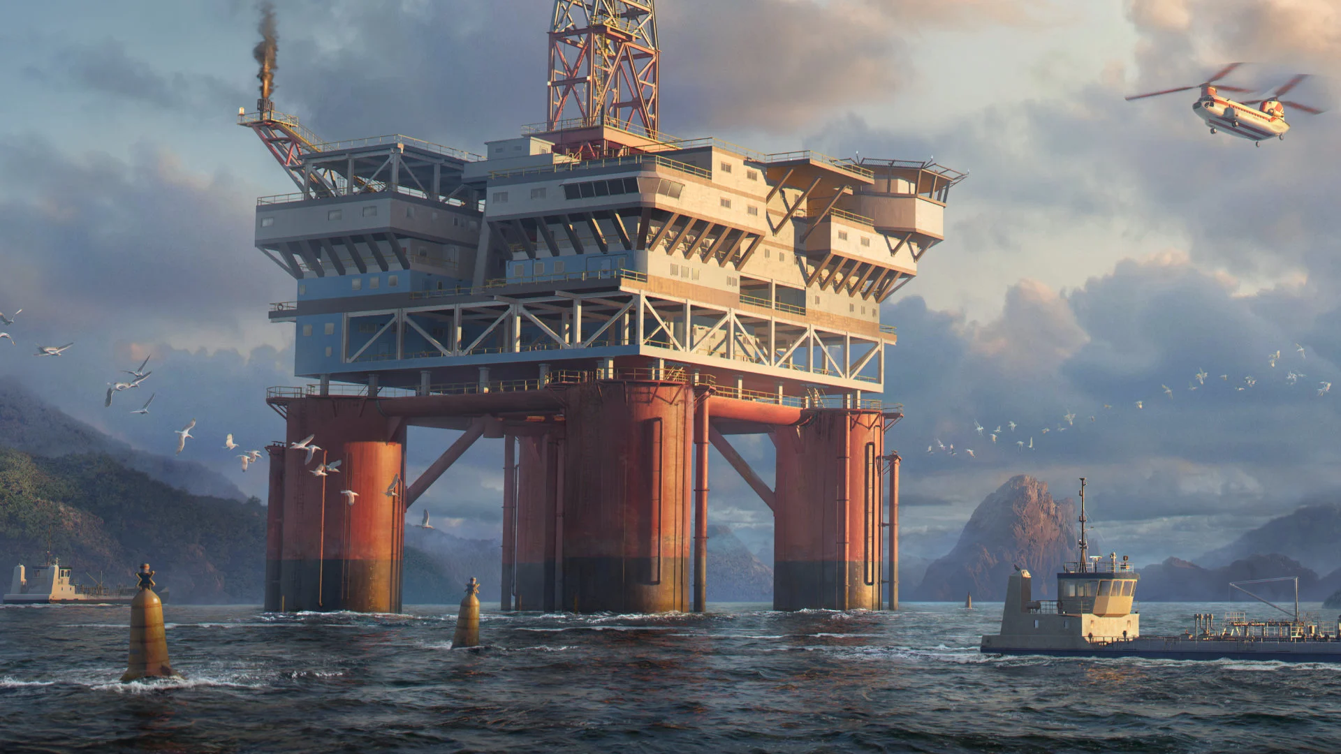 Offshore platform, cargo ships and a helicopter illustrating sea and air freight in Transport Fever 3.