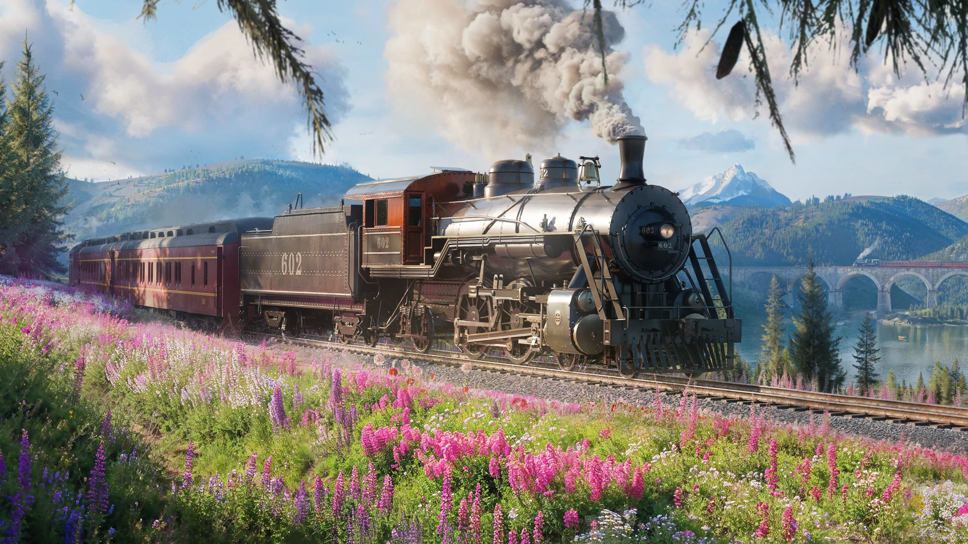 A steam locomotive crossing a mountain valley beside a lake in Transport Fever 3.